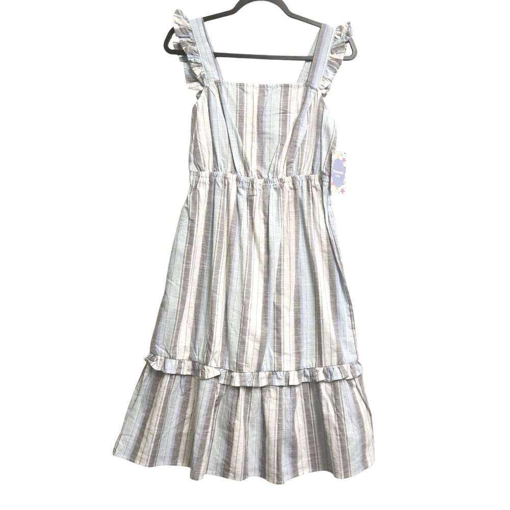 Madison Grey Womens Striped Ruffle Midi Dress S Blue/Gray Cotton Blend 4046